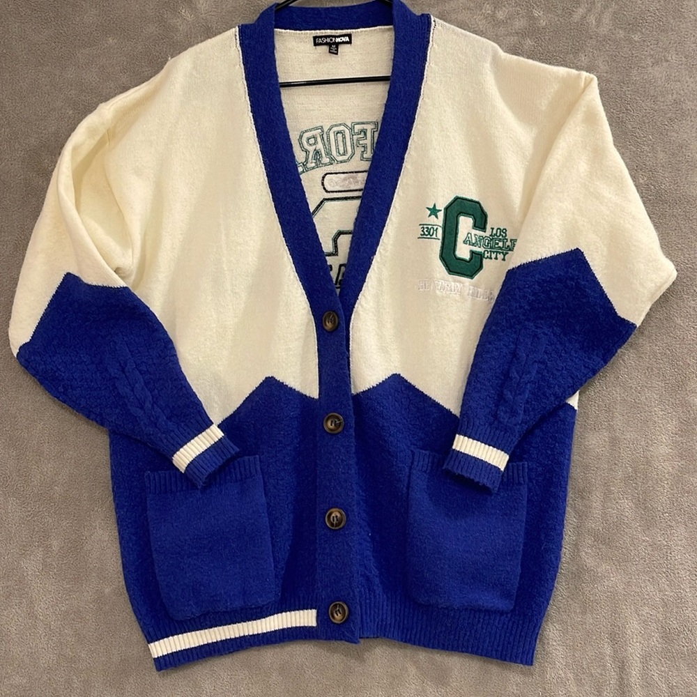 Beverly Hills Los Angeles oversized w/pockets cardigan‎ women M blue cream green